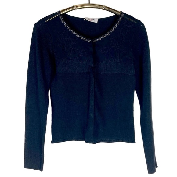 MOSCHINO CHEAP AND CHIC BLACK COTTON SHEER FLORAL YOKE BEADED CARDIGAN SWEATER - Picture 6 of 15